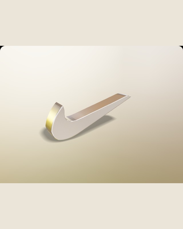 Polished metallic swoosh with visible extrusion against a warm studio background