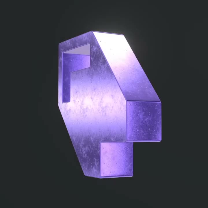 Purple dimensional P mark viewed at an angle