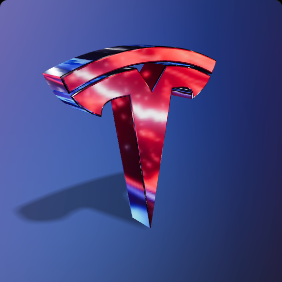 Reflective dimensional T-shaped emblem against a blue studio background
