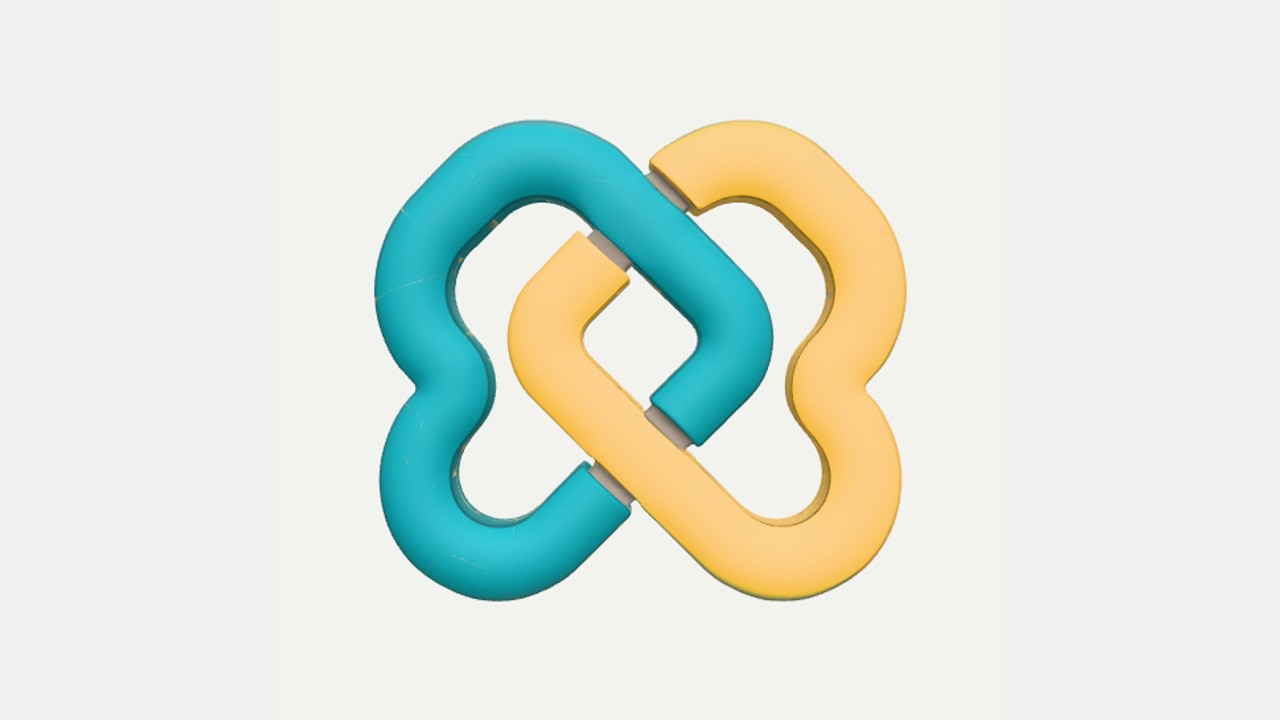 Interlocking emblem presented as a dimensional model