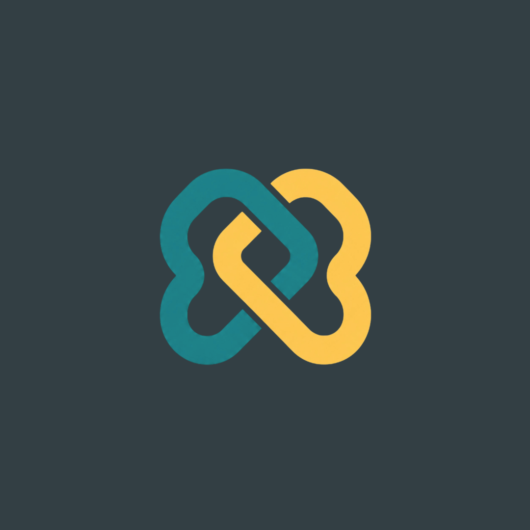 Flat teal and gold interlocking emblem on a dark background