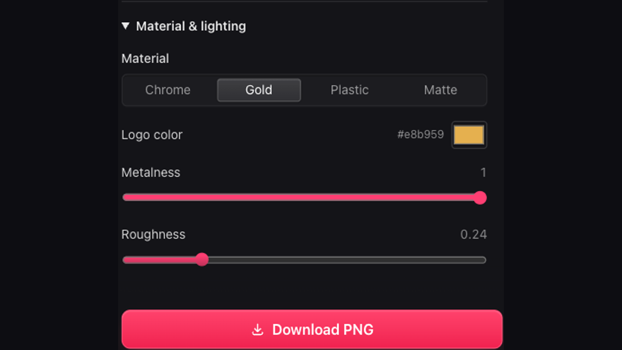 Close view of material presets, color, metalness and roughness controls