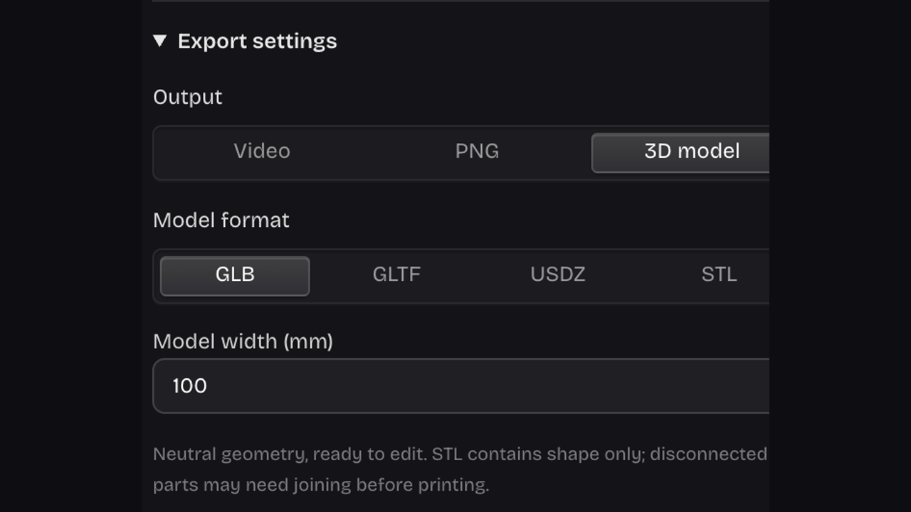 Model format and millimeter width settings in the logo editor