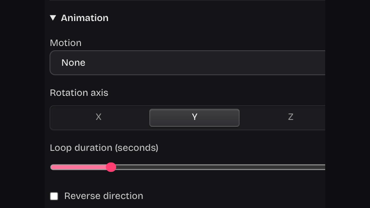 Animation controls for movement style, direction and duration