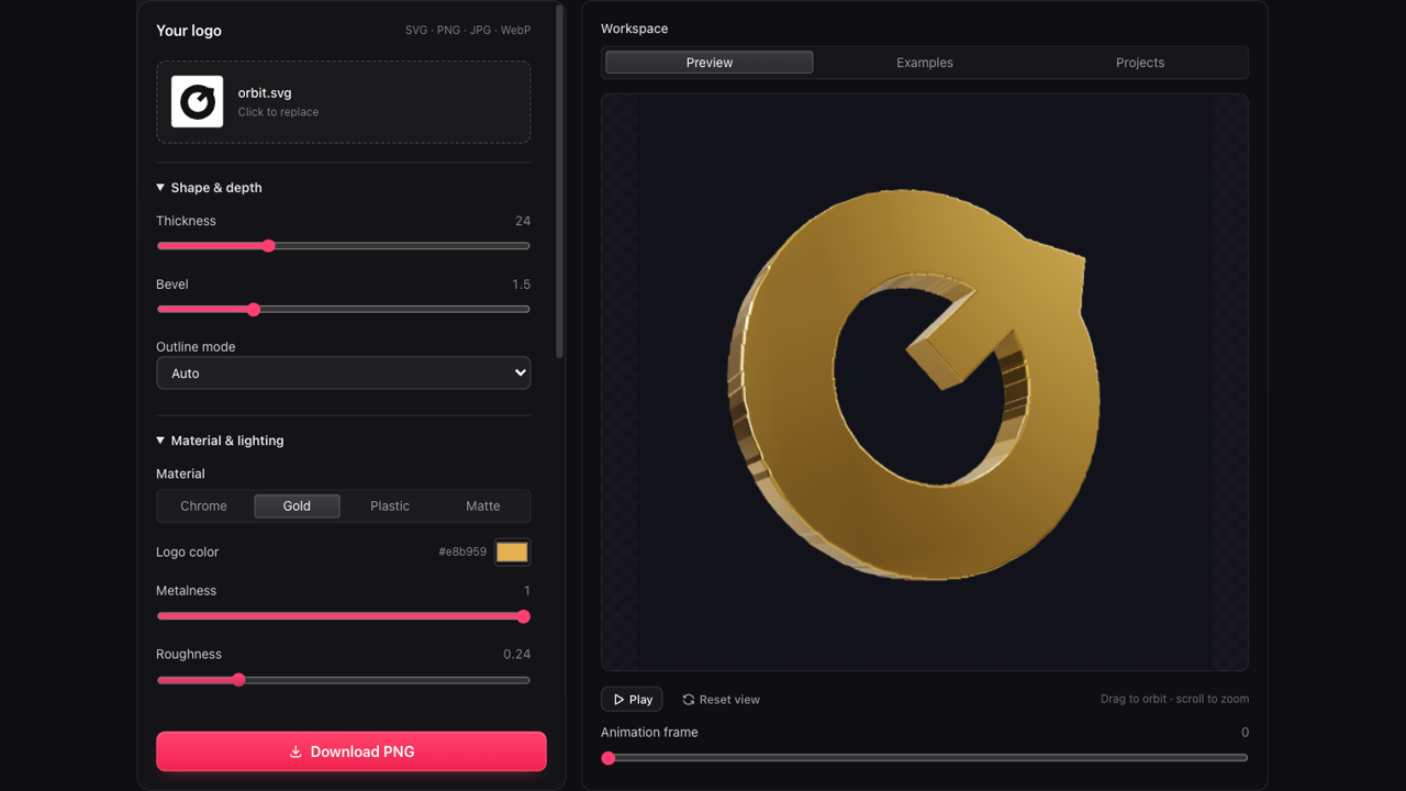 3D logo maker workspace showing the logo preview beside editing controls
